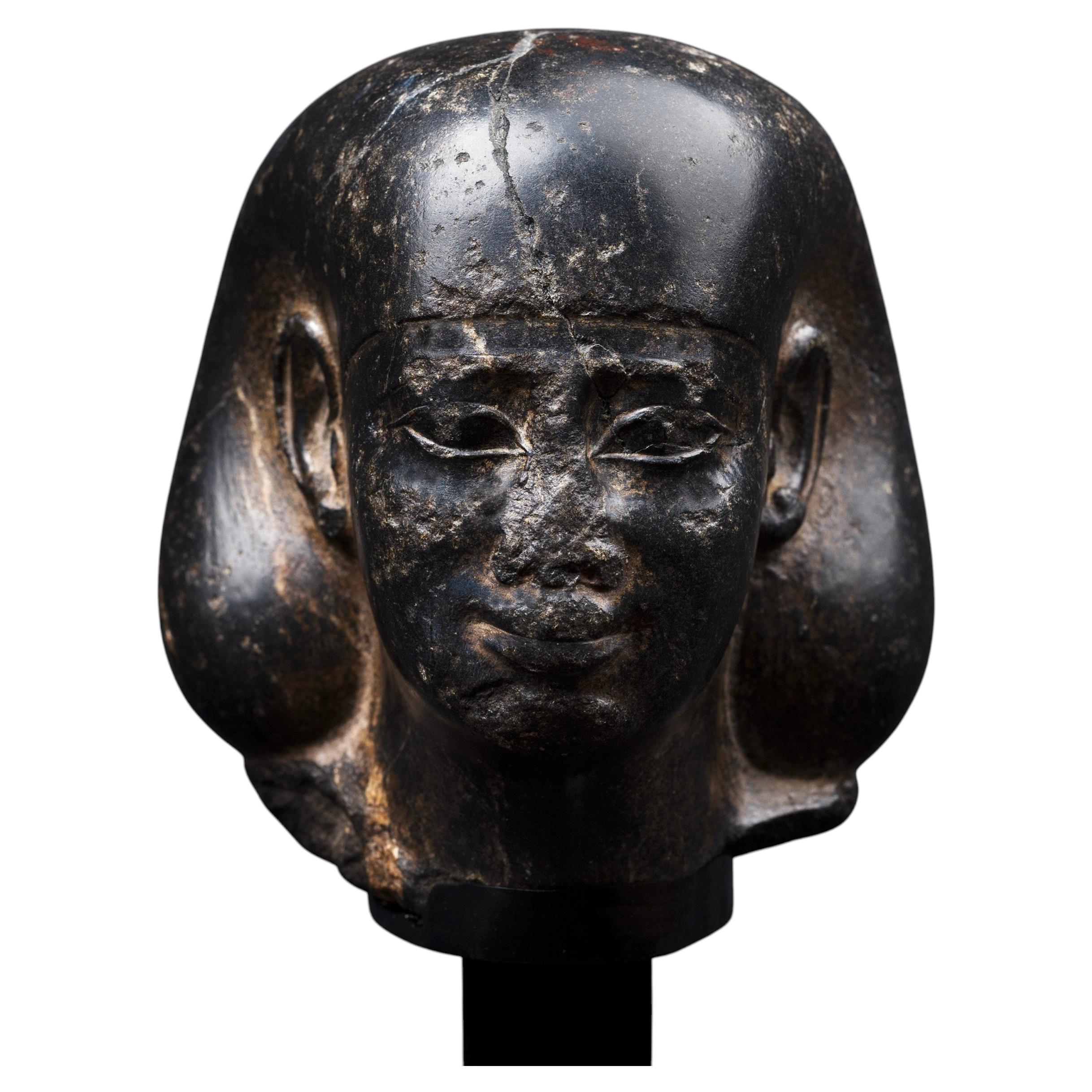 Ancient Egypt Head of the dignitary “Udjahormeehet” in basalt For Sale