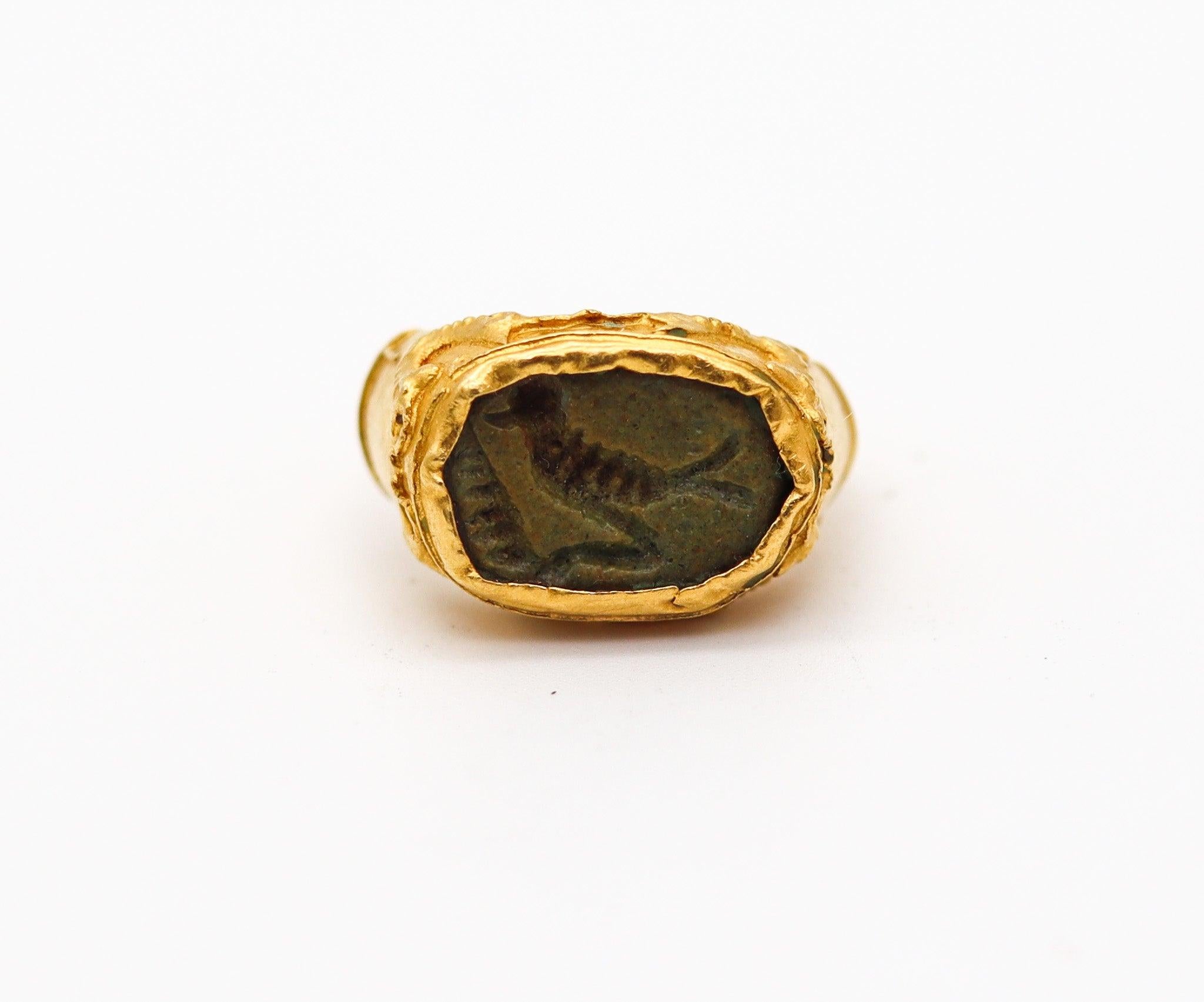 Classical Greek ANCIENT EGYPT-PERSIA 300 BC Intaglio Seal Ring In 23Kt Gold & Falcon In Faience