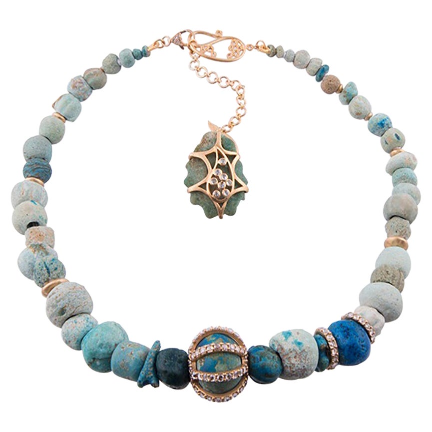 Ancient Egyptian Beads Necklace in 20K Yellow Gold with 5.95 Carat Diamonds