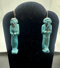 Ancient Egyptian Blue Faience Ushabti Figure Earrings Circa 700-300 BC 14K Gold