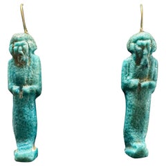 Ancient Egyptian Blue Faience Ushabti Figure Earrings Circa 700-300 BC 14K Gold