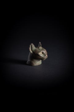 Ancient Egyptian Bronze Cat Head with Scarab Beetle Detail