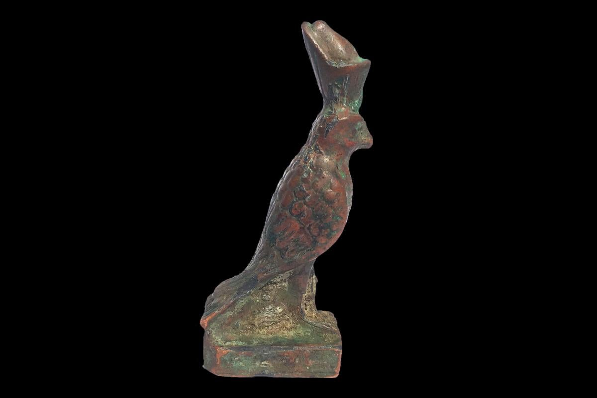 Cast Ancient Egyptian Bronze Figure of God Horus Falcon Late Period, circa 600-300 BC