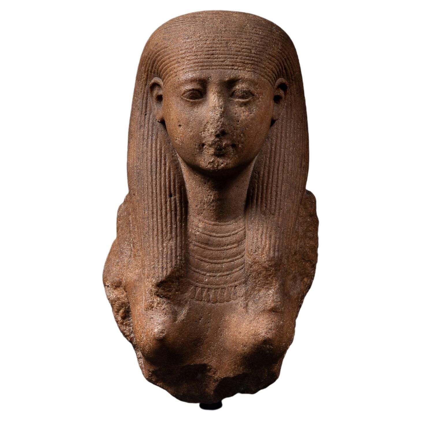 Ancient Egyptian Bust of a Goddess in Red-Orange Quartzite