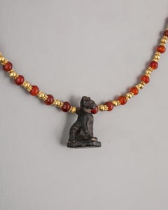 Ancient Egyptian Carnelian Beads with Black Bastet Cat Pendant and 20k Gold