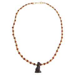 Antique Ancient Egyptian Carnelian Beads with Black Bastet Cat Pendant and 20k Gold