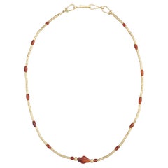 Ancient Egyptian Carnelian Beads with Center Fish Amulet, 20k Gold