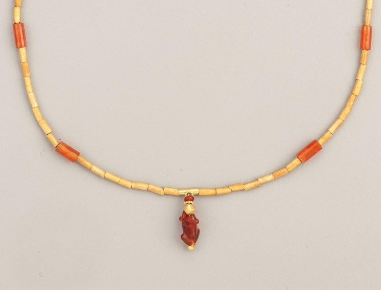 Artist Ancient Egyptian Carnelian Double Frog Pendant with Matching Carnelians and Gold For Sale