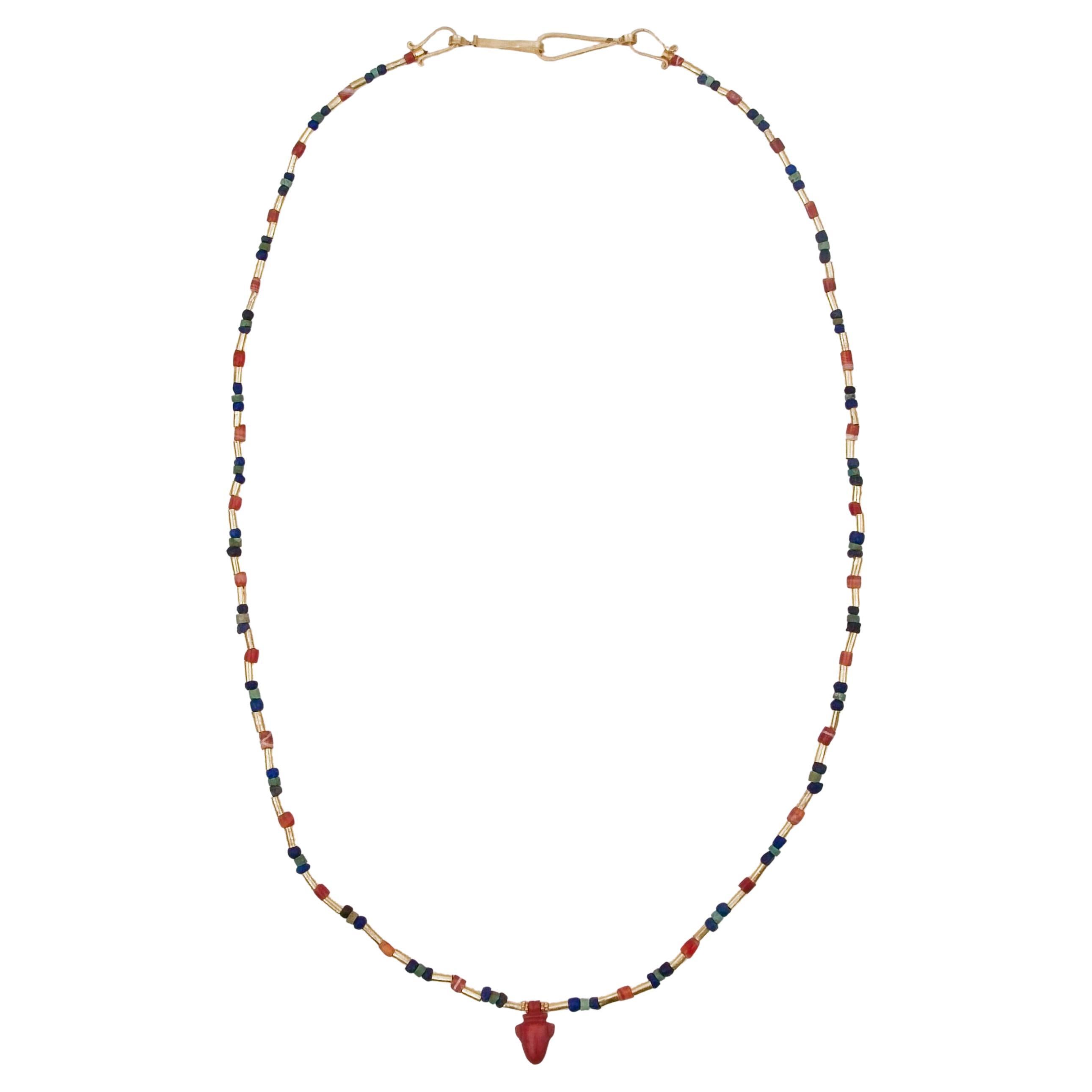 Ancient Egyptian Carnelian Heart Pendant, Lapis, Turquoise, and 22k Gold Tubes