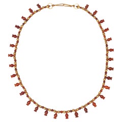 Ancient Egyptian Carnelian Poppy Seed Pod Pendant Necklace with 20k Gold Beads