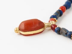 Ancient Egyptian Carnelian Scarab Pendant with Lapis Lazuli Beads and 20k Gold