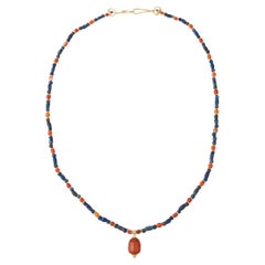 Ancient Egyptian Carnelian Scarab Pendant with Lapis Lazuli Beads and 20k Gold