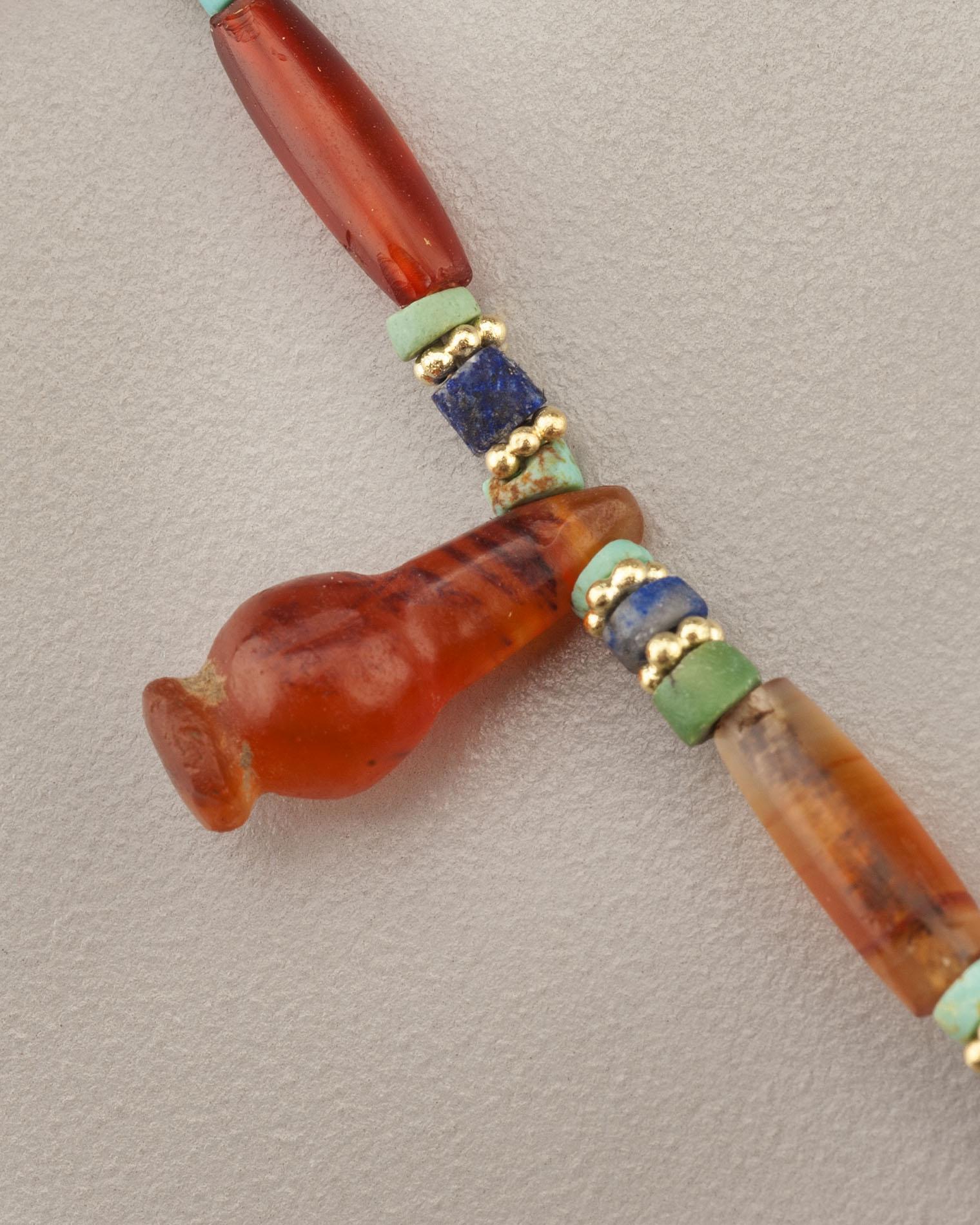 Artist Ancient Egyptian Carnelian with Pendants, Lapis, Turquoise Beads, and 20k Gold For Sale
