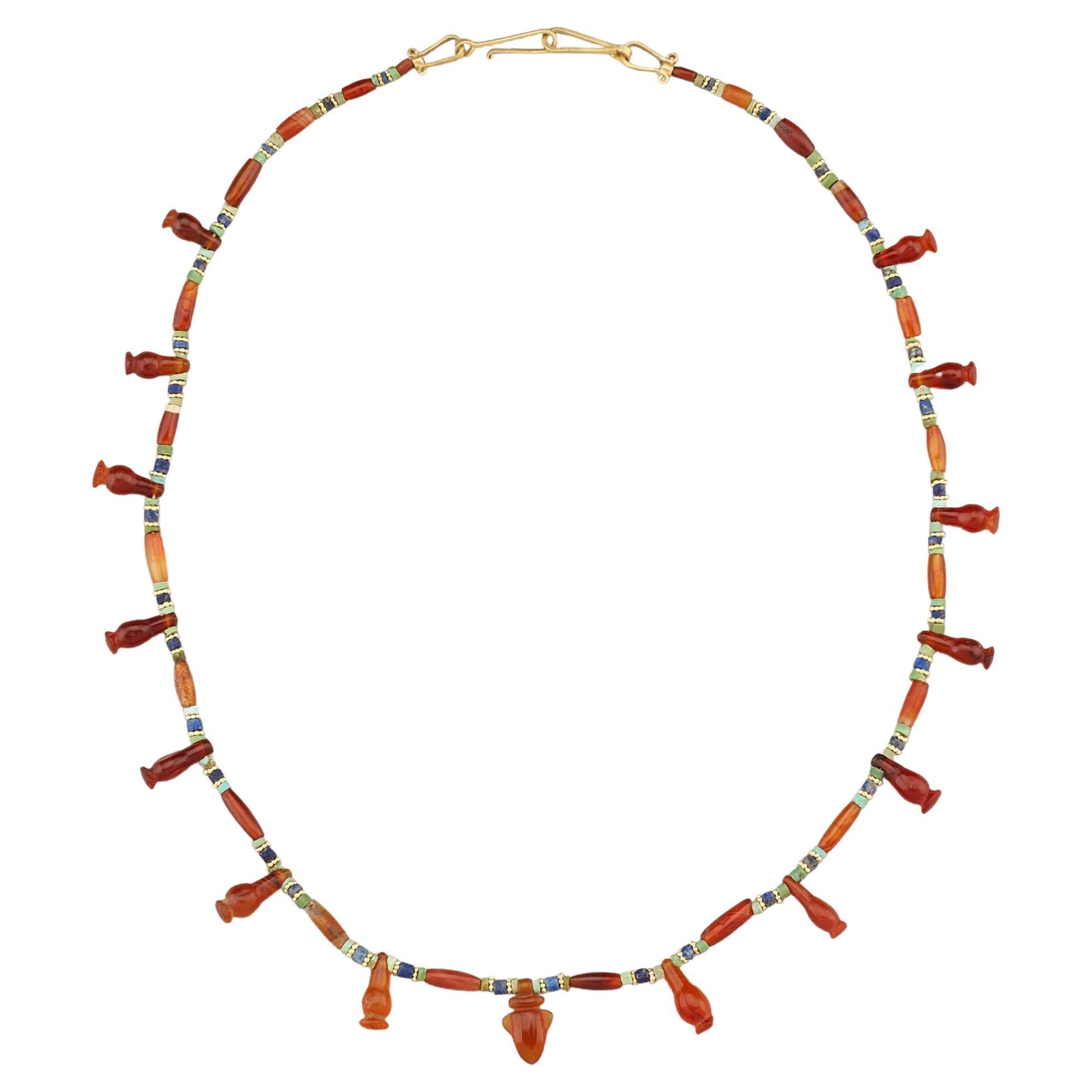 Ancient Egyptian Carnelian with Pendants, Lapis, Turquoise Beads, and 20k Gold