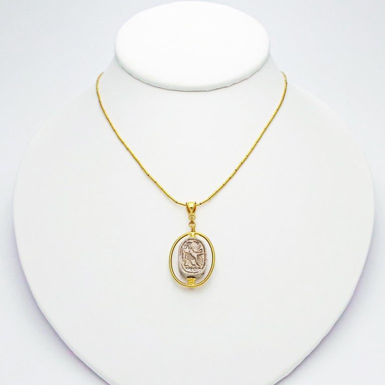Ancient Egyptian Carved Scarab Gold Pendant Necklace For