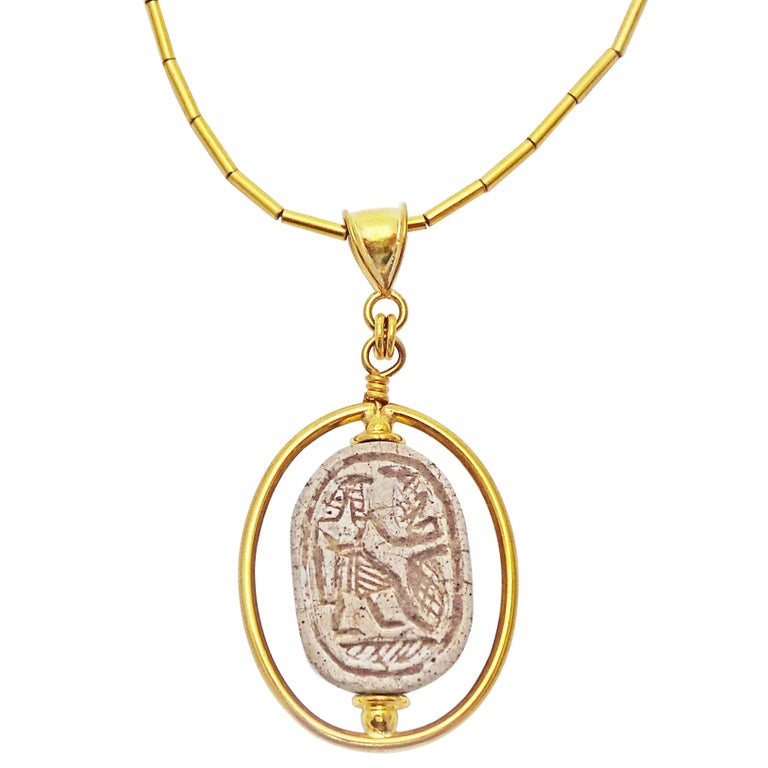 Ancient Egyptian Carved Scarab Gold Pendant Necklace For Sale at 1stDibs