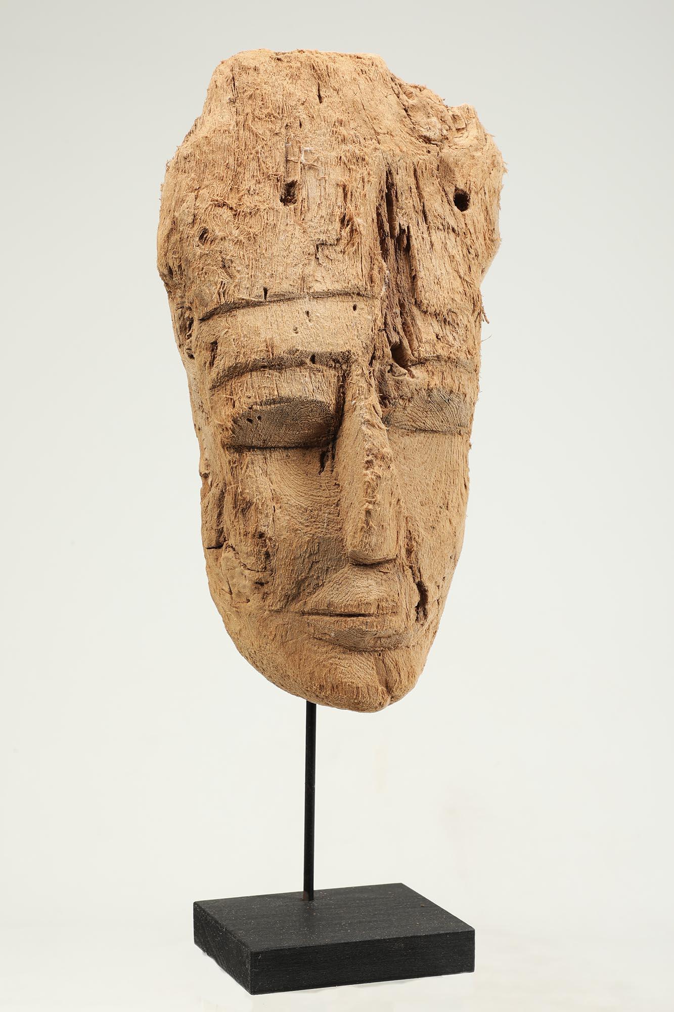 Ancient Egyptian cedar wood sarcophagus mummy mask.

Carved solid cedar wood Egyptian sarcophagus mask, weathered and eroded surface from age, pins on rear from attachment to sarcophagus. Mask is 11 inches high, on custom metal base, as shown, 16