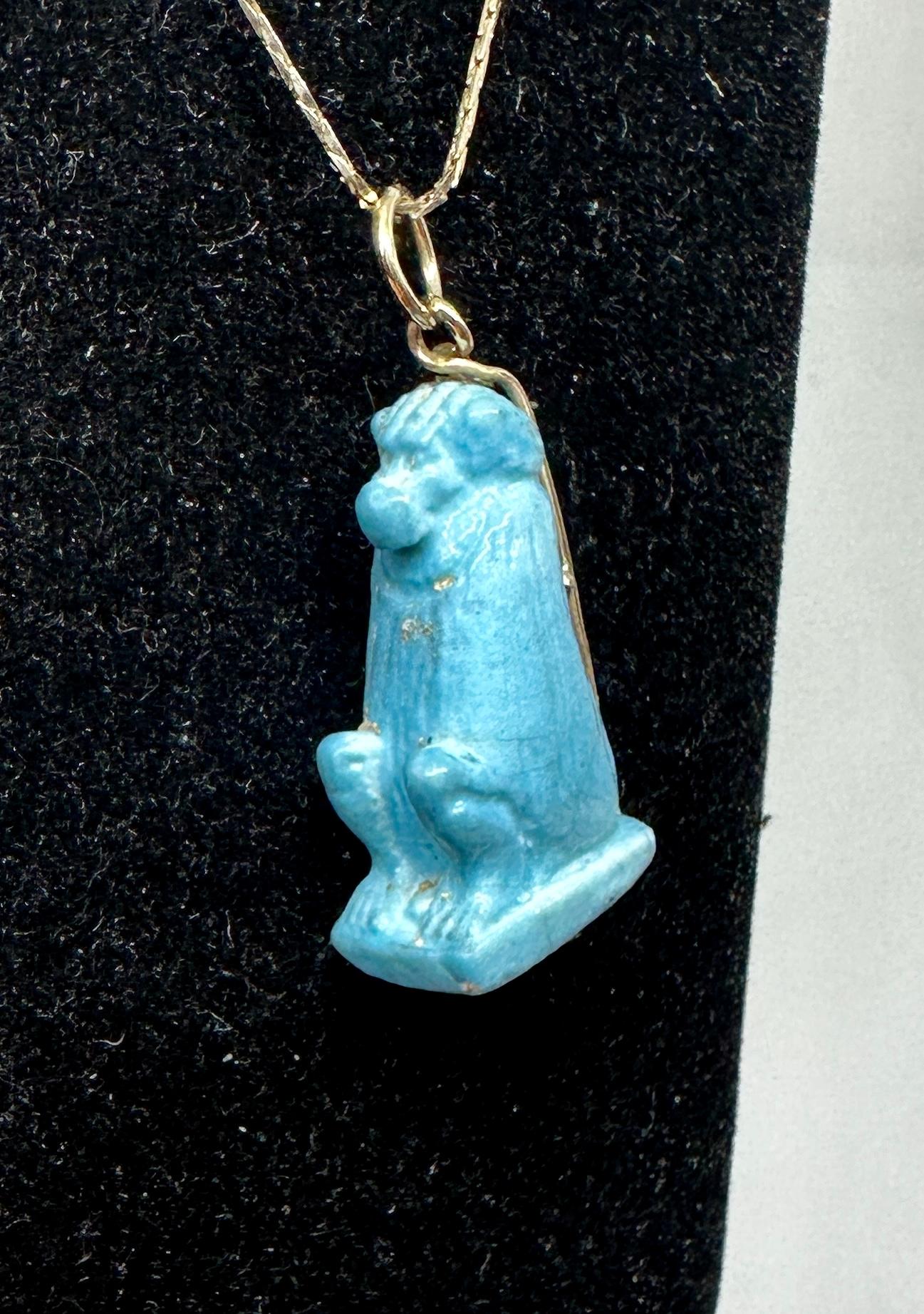 Egyptian Revival Ancient Egyptian Faience Baboon Monkey Amulet Pendant Necklace 700-300 B.C. 14K For Sale