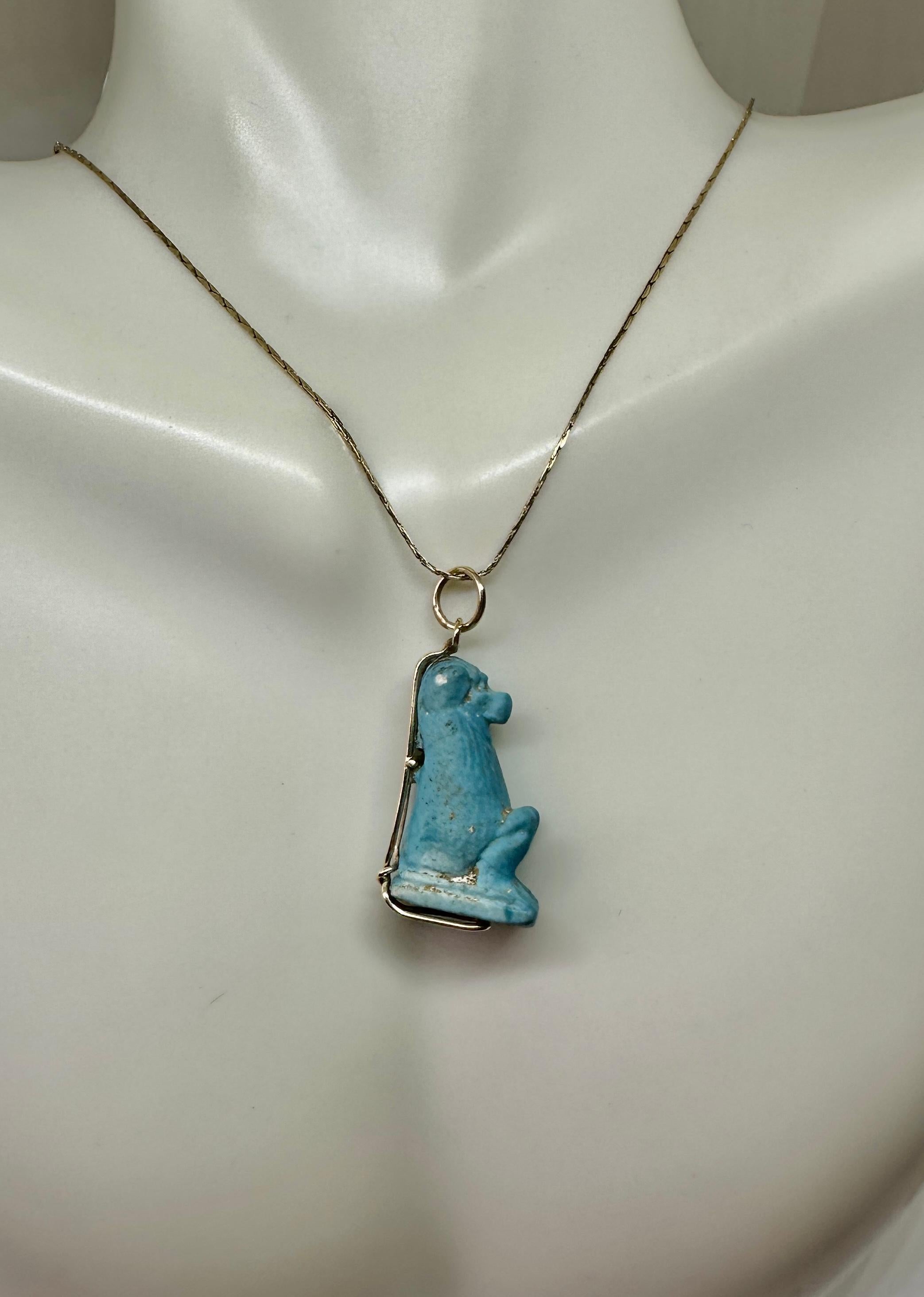 Women's or Men's Ancient Egyptian Faience Baboon Monkey Amulet Pendant Necklace 700-300 B.C. 14K For Sale
