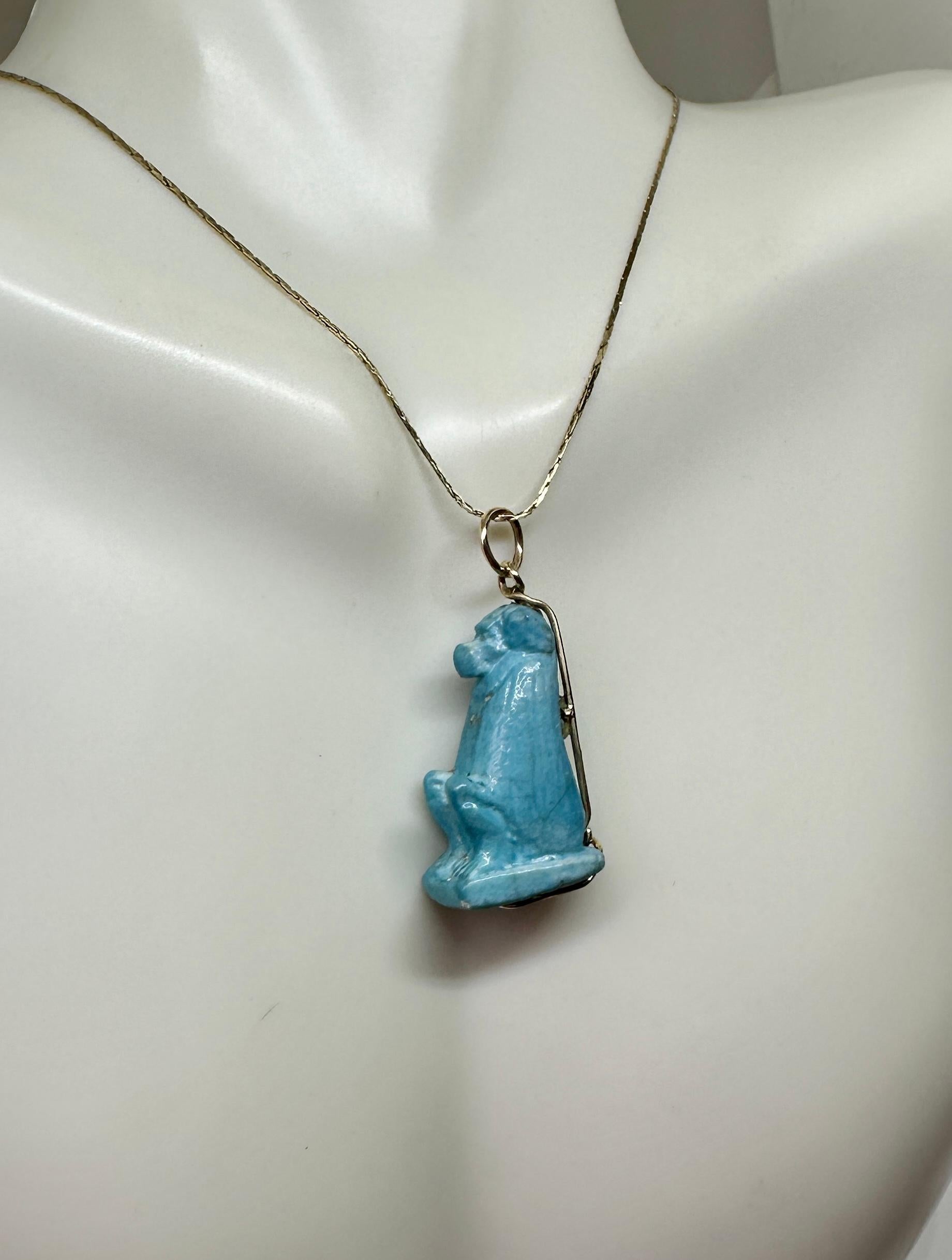 Ancient Egyptian Faience Baboon Monkey Amulet Pendant Necklace 700-300 B.C. 14K For Sale 1