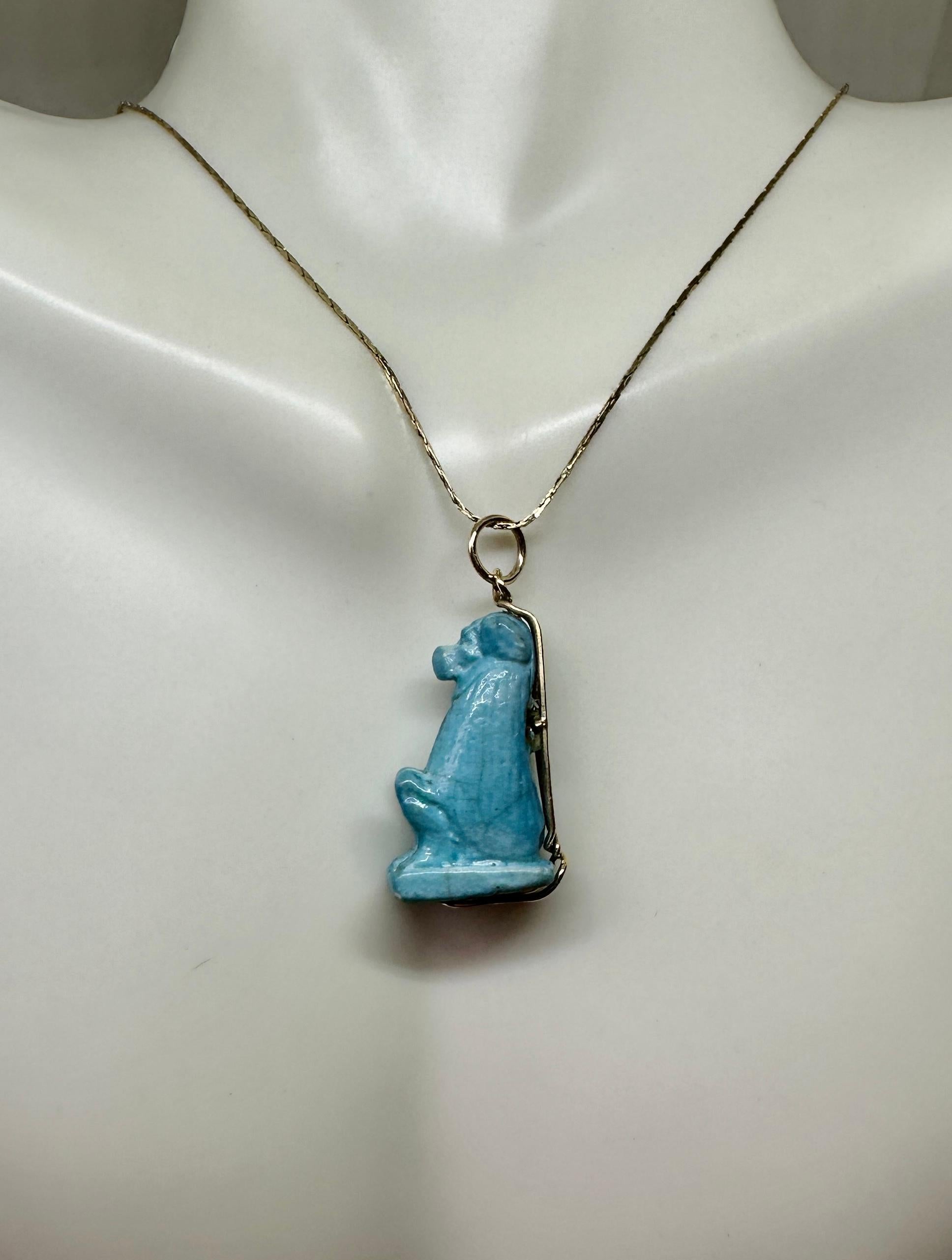 Ancient Egyptian Faience Baboon Monkey Amulet Pendant Necklace 700-300 B.C. 14K For Sale 2