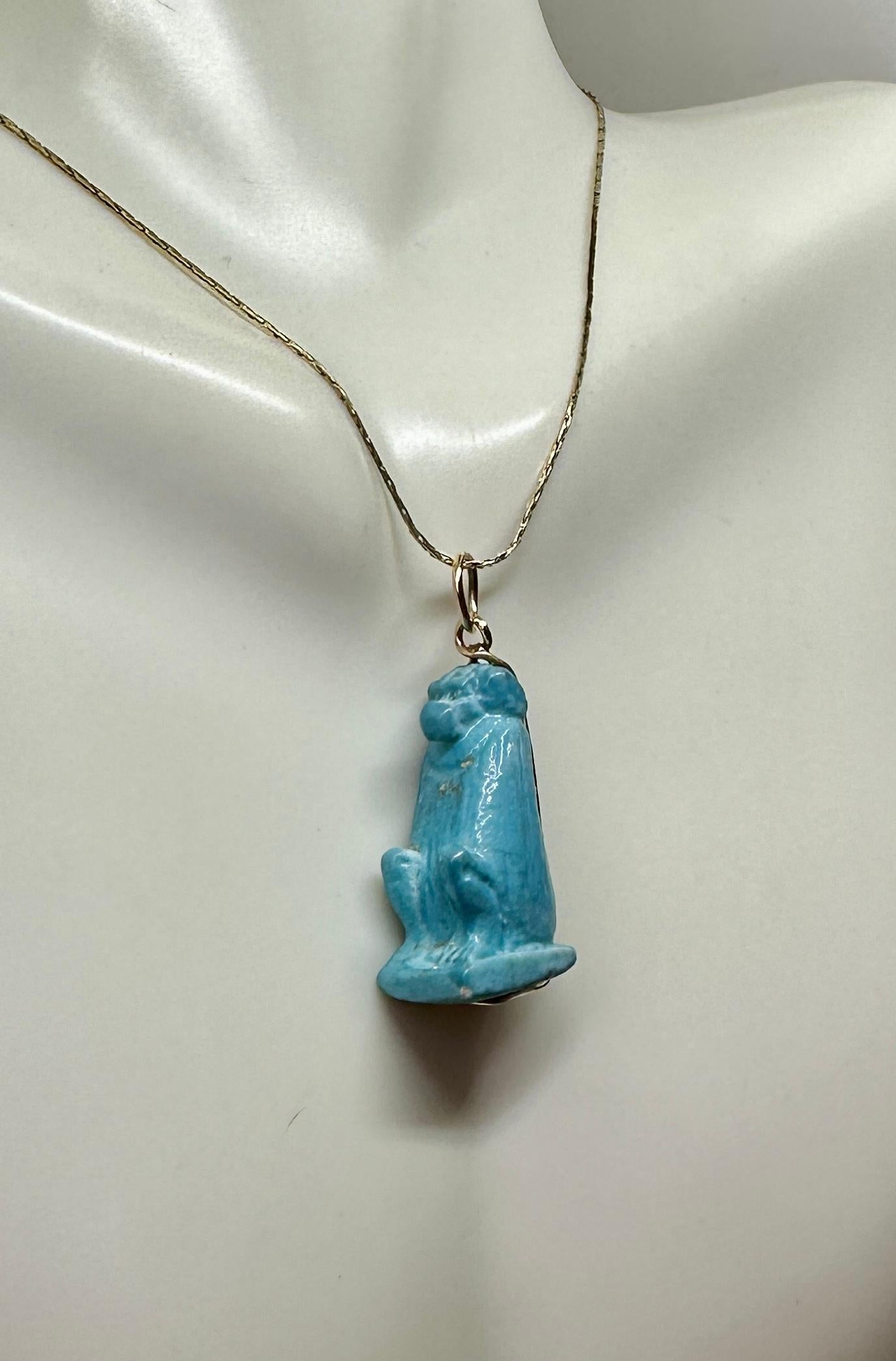 Ancient Egyptian Faience Baboon Monkey Amulet Pendant Necklace 700-300 B.C. 14K For Sale 3