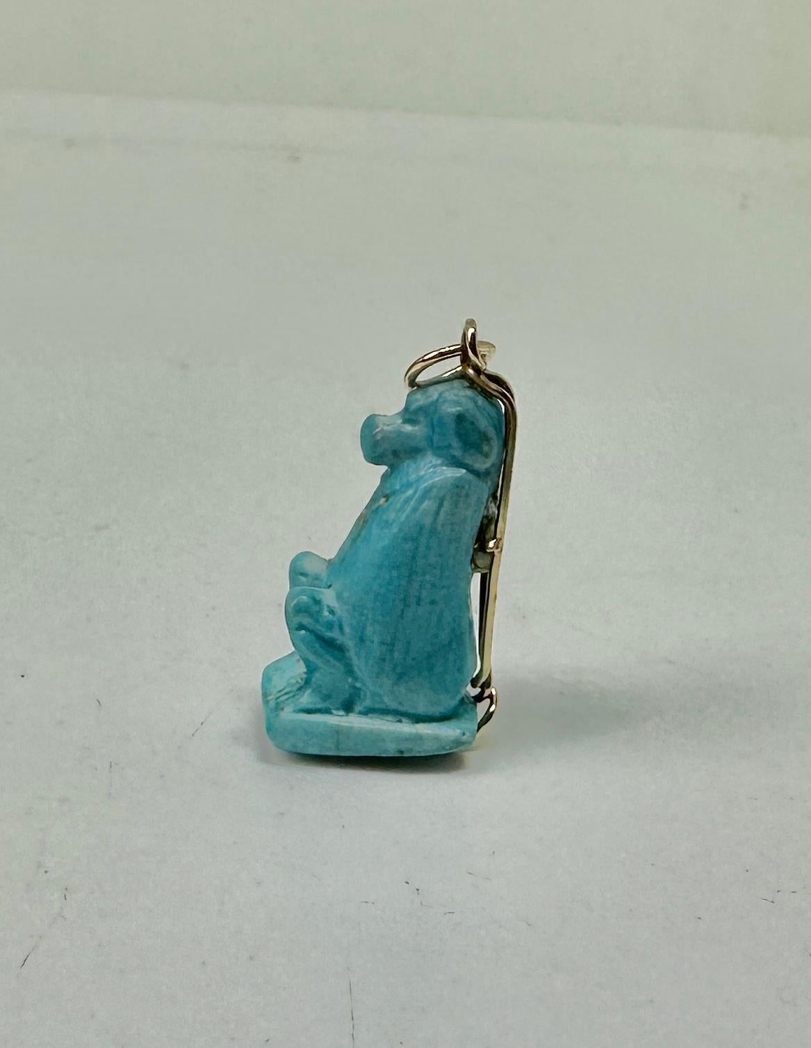 Ancient Egyptian Faience Baboon Monkey Amulet Pendant Necklace 700-300 B.C. 14K For Sale 4