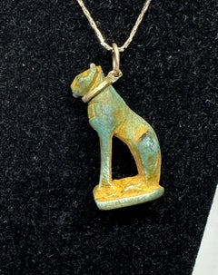 Ancient Egyptian Faience Cat Amulet Pendant Necklace 700-300 B.C. Gold