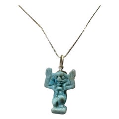 Ancient Egyptian Faience Shu God Amulet Pendant Necklace 700-300 B.C. 14K Gold