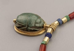 Ancient Egyptian Green Jasper Scarab with Carnelian, Turquoise, Lapis, 20k Gold