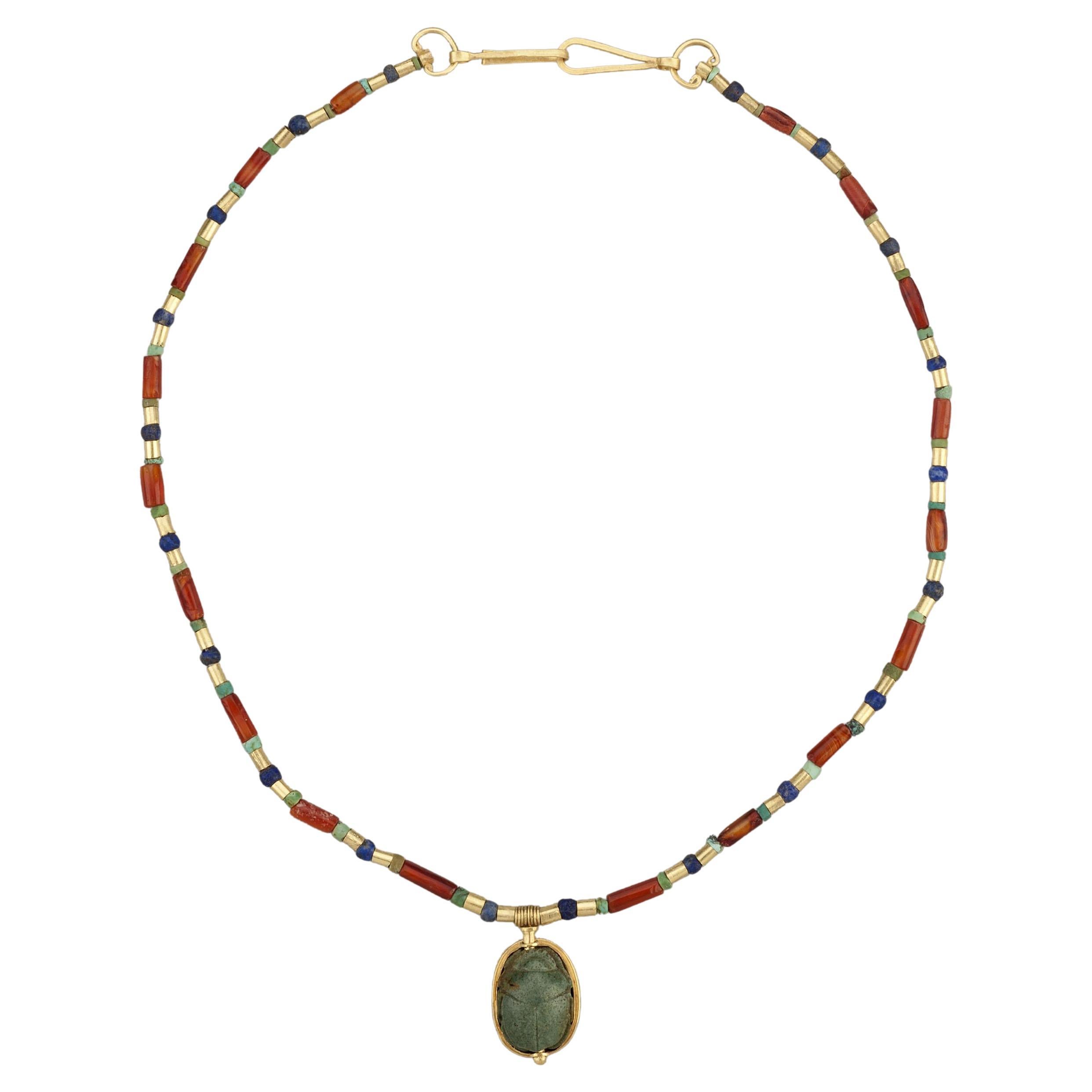 Ancient Egyptian Green Jasper Scarab with Carnelian, Turquoise, Lapis, 20k Gold For Sale