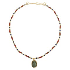 Antique Ancient Egyptian Green Jasper Scarab with Carnelian, Turquoise, Lapis, 20k Gold