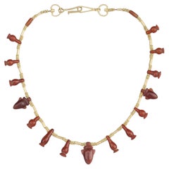 Antique Ancient Egyptian Jasper, Carnelian Heart and Poppy Pendants with 20k Gold Beads