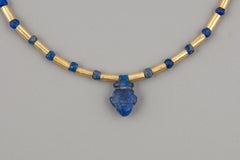 Ancient Egyptian Lapis Heart Pendant with Lapis Lazuli Beads, 20k Gold Tubes