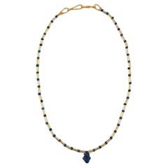 Ancient Egyptian Lapis Heart Pendant with Lapis Lazuli Beads, 20k Gold Tubes