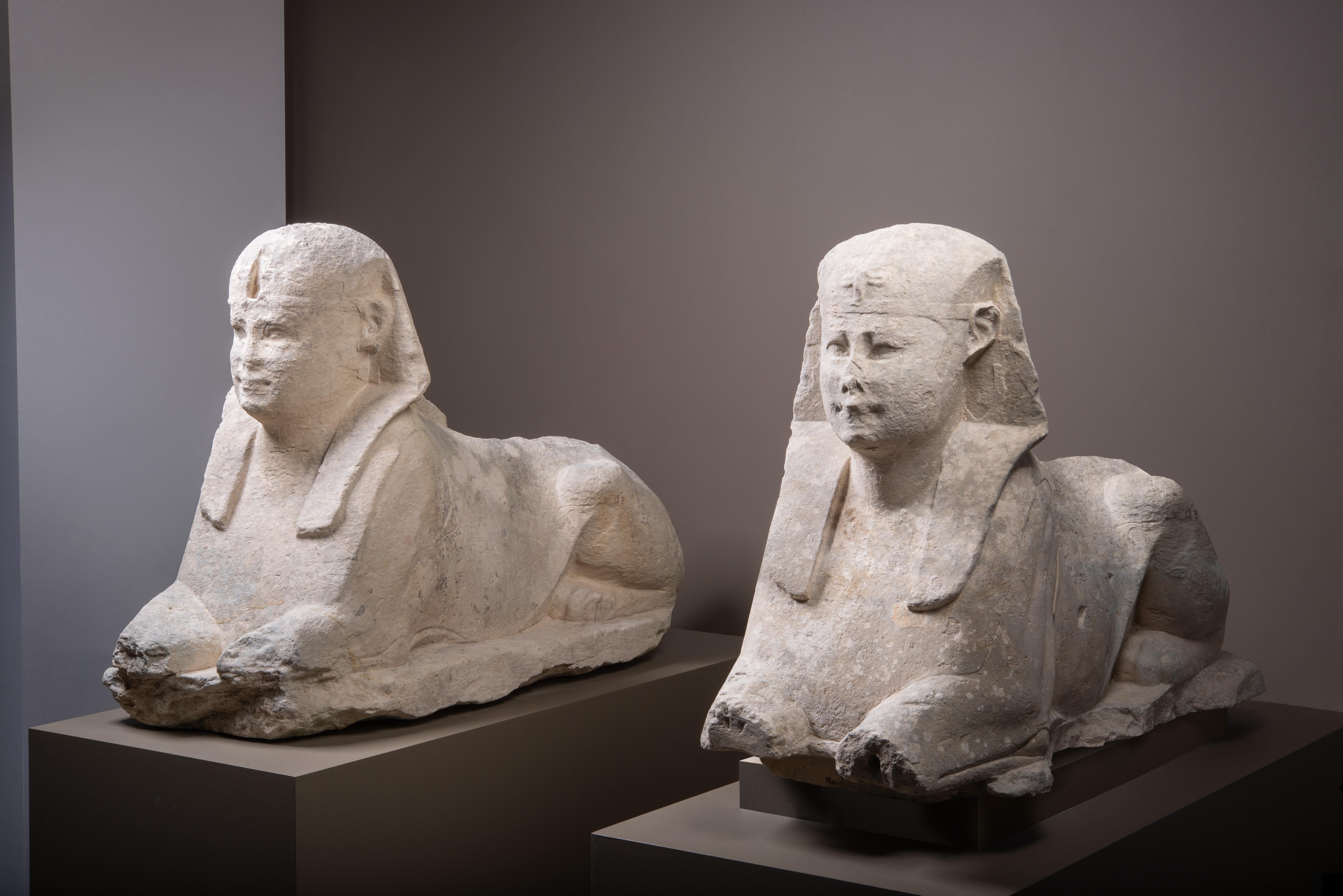 Ein Paar monumentaler Kalkstein-Sphingen des Pharao Nektanebo I., aus der Prozessionsallee des Serapeums von Memphis, 30. Dynastie, ca. 379 - 360 v. Chr.

Die Sphinxen des Serapeums haben Reisende seit der Römerzeit in ihren Bann gezogen. Trotz