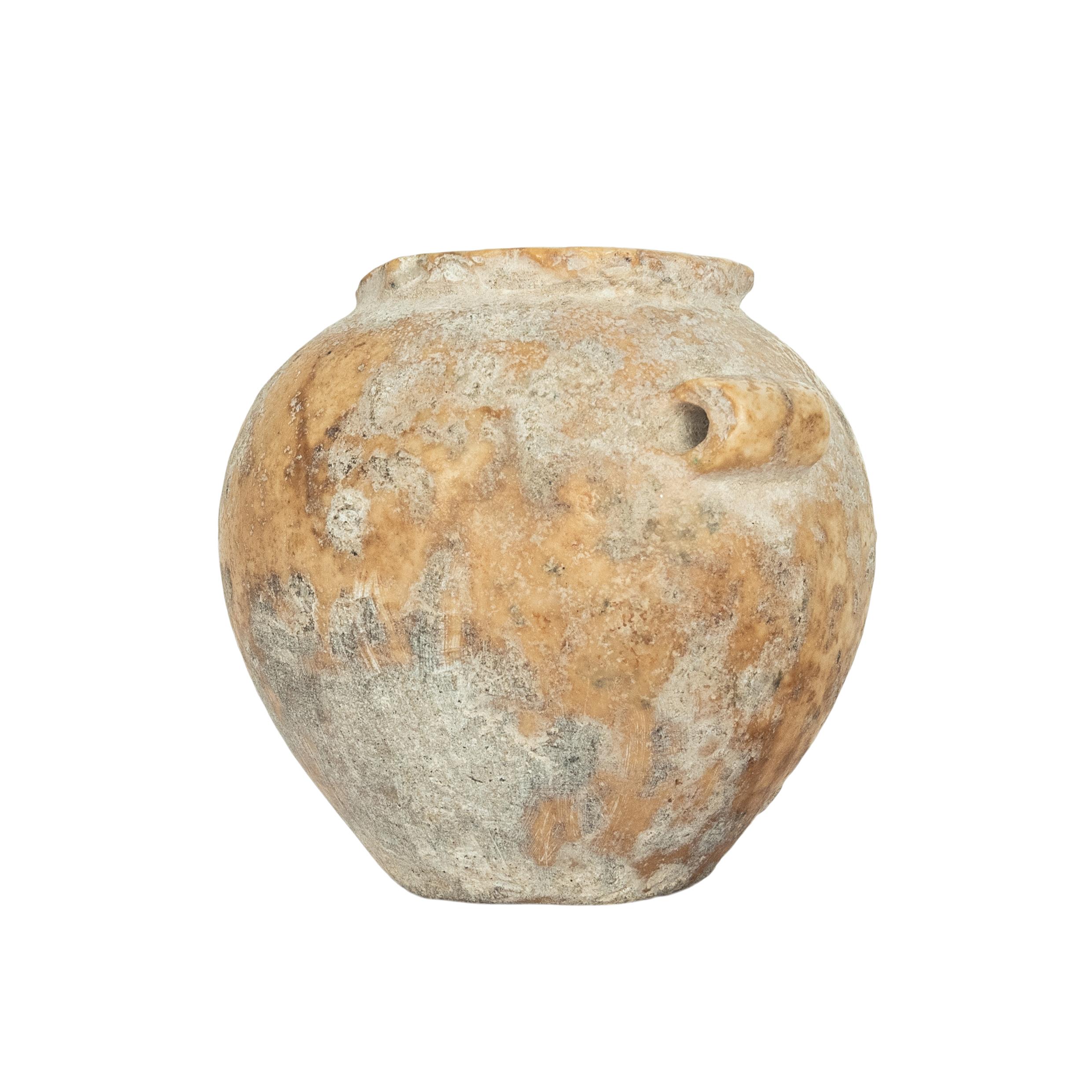 Hand-Carved Ancient Egyptian Old Kingdom Miniature Lime Stone Vessel Jar 2600-2800 BCE For Sale