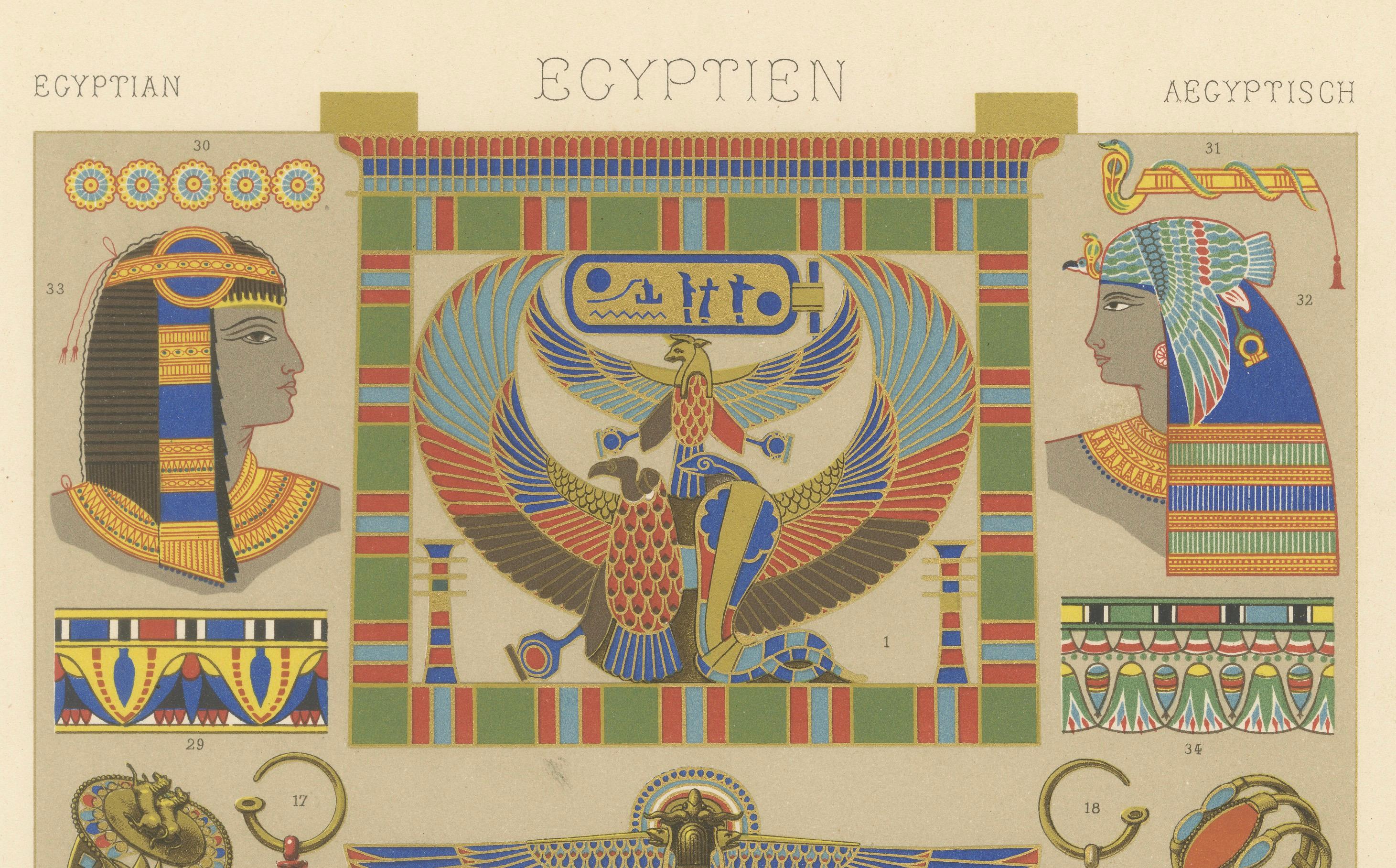 Gravure d'ornement de l'Égypte ancienne - Lithographie en couleurs de symboles et de bijoux, c.1869

Cette chromolithographie richement détaillée met en valeur la splendeur et le symbolisme de l'art décoratif de l'Égypte ancienne. Planche III de