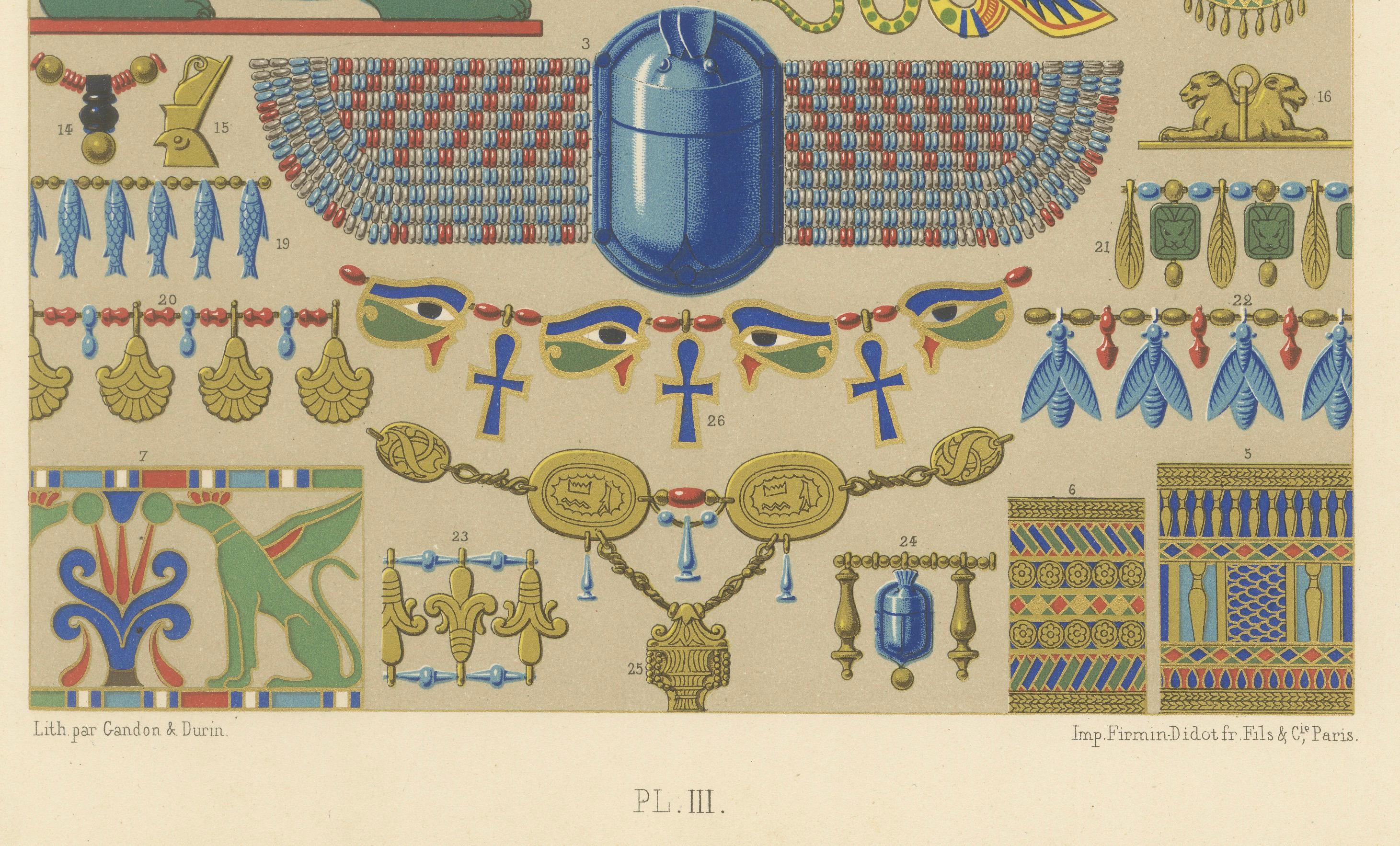 Français Gravure d'ornement de l'Égypte ancienne - Lithographie en couleurs de symboles et de bijoux, c.1869 en vente