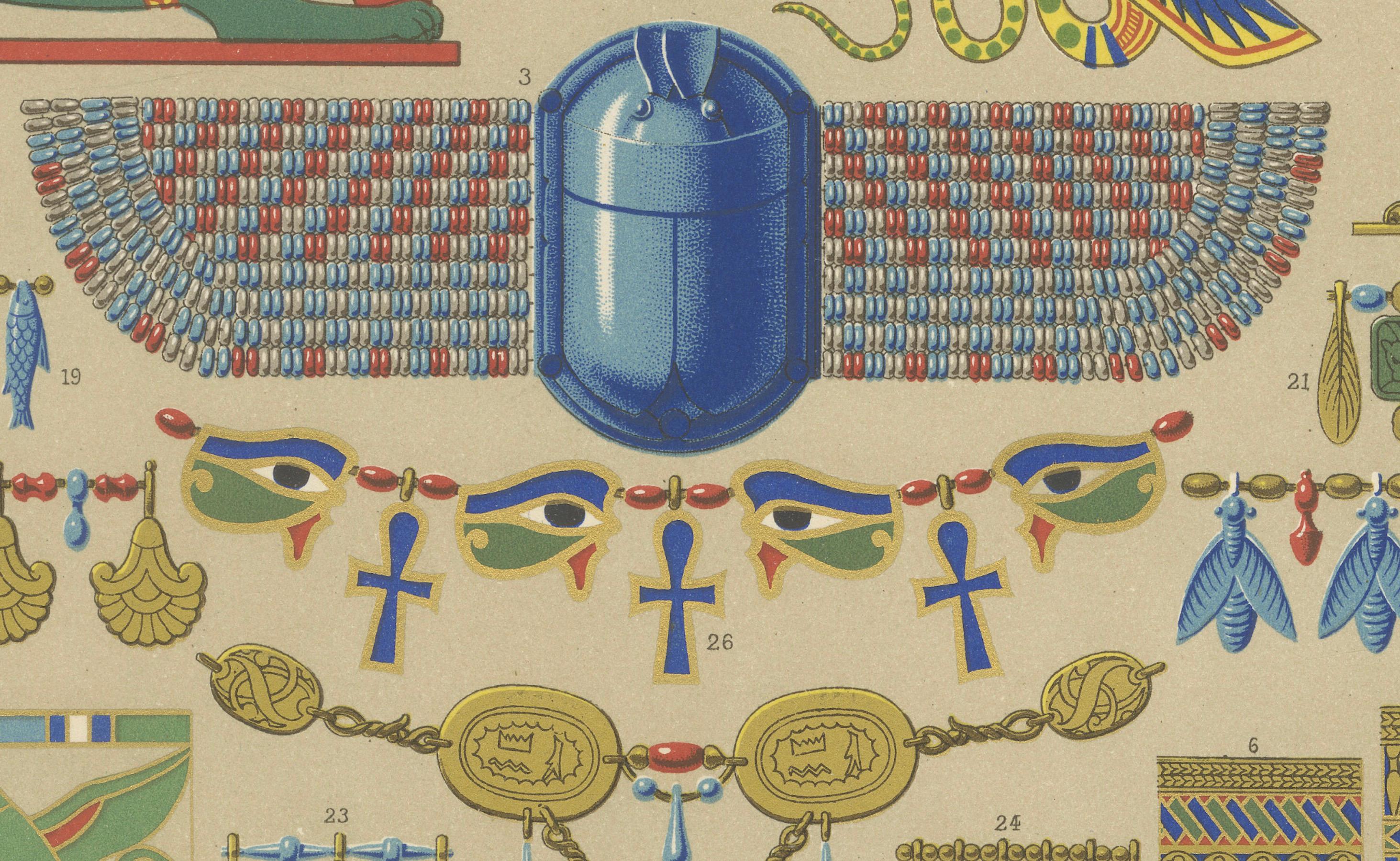 Gravure d'ornement de l'Égypte ancienne - Lithographie en couleurs de symboles et de bijoux, c.1869 Bon état - En vente à Langweer, NL