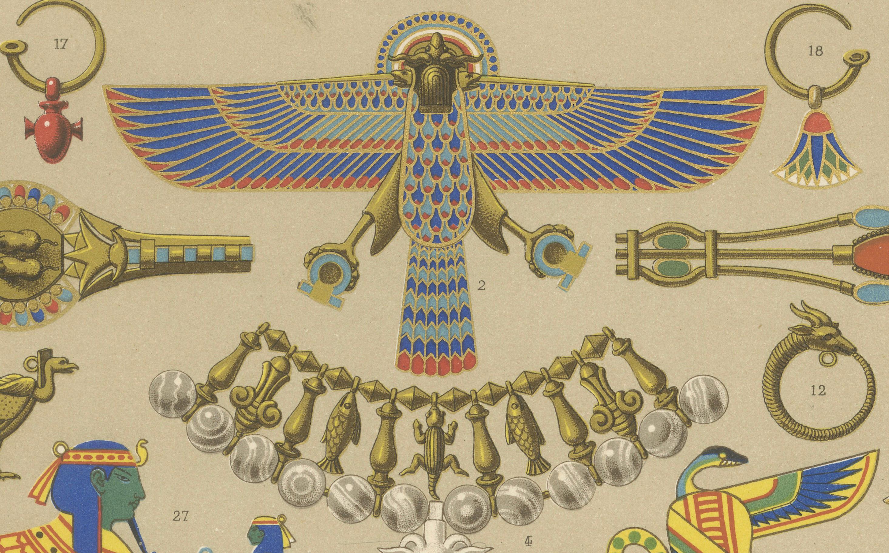 XIXe siècle Gravure d'ornement de l'Égypte ancienne - Lithographie en couleurs de symboles et de bijoux, c.1869 en vente