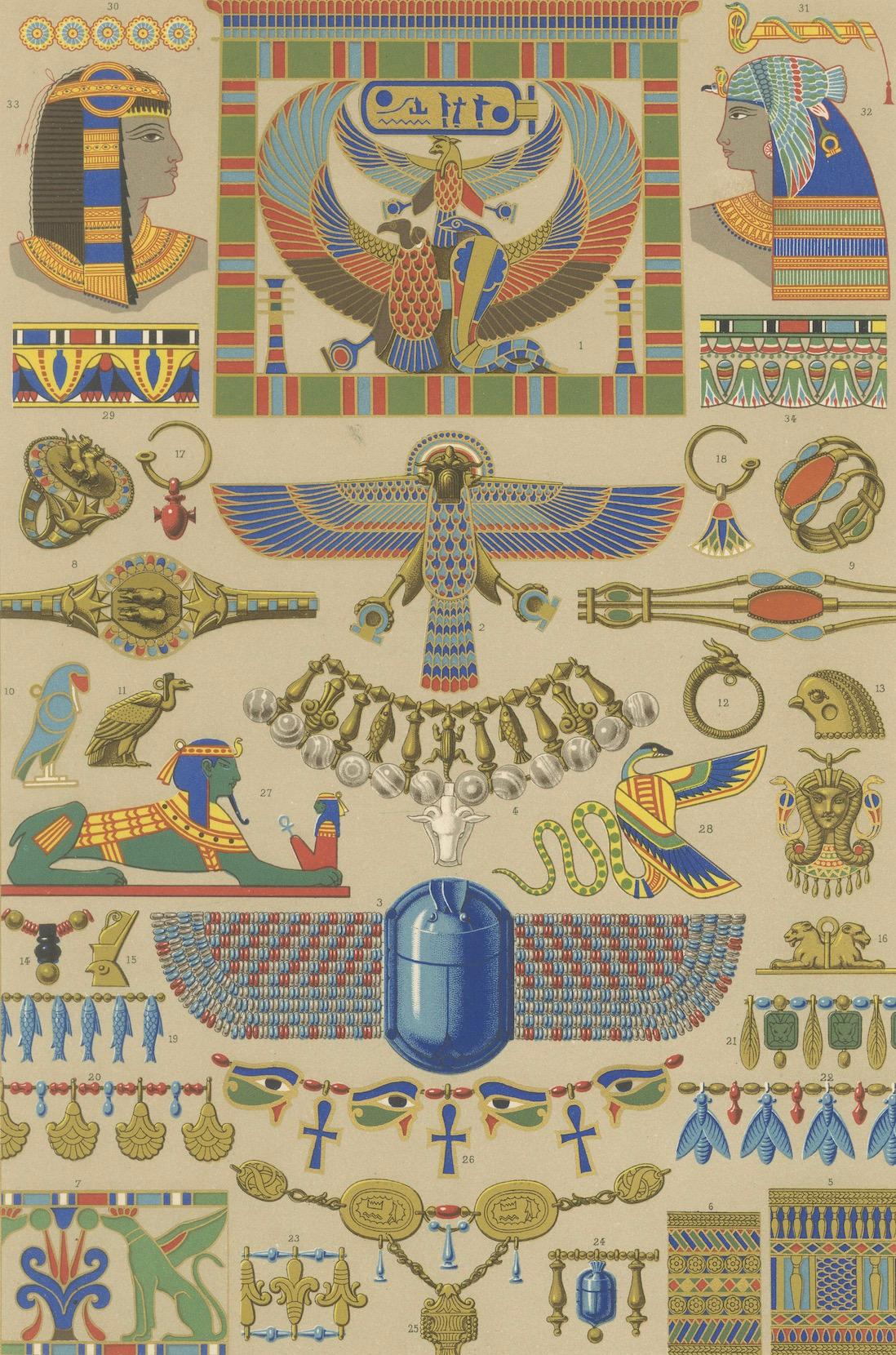 Gravure d'ornement de l'Égypte ancienne - Lithographie en couleurs de symboles et de bijoux, c.1869 en vente 1