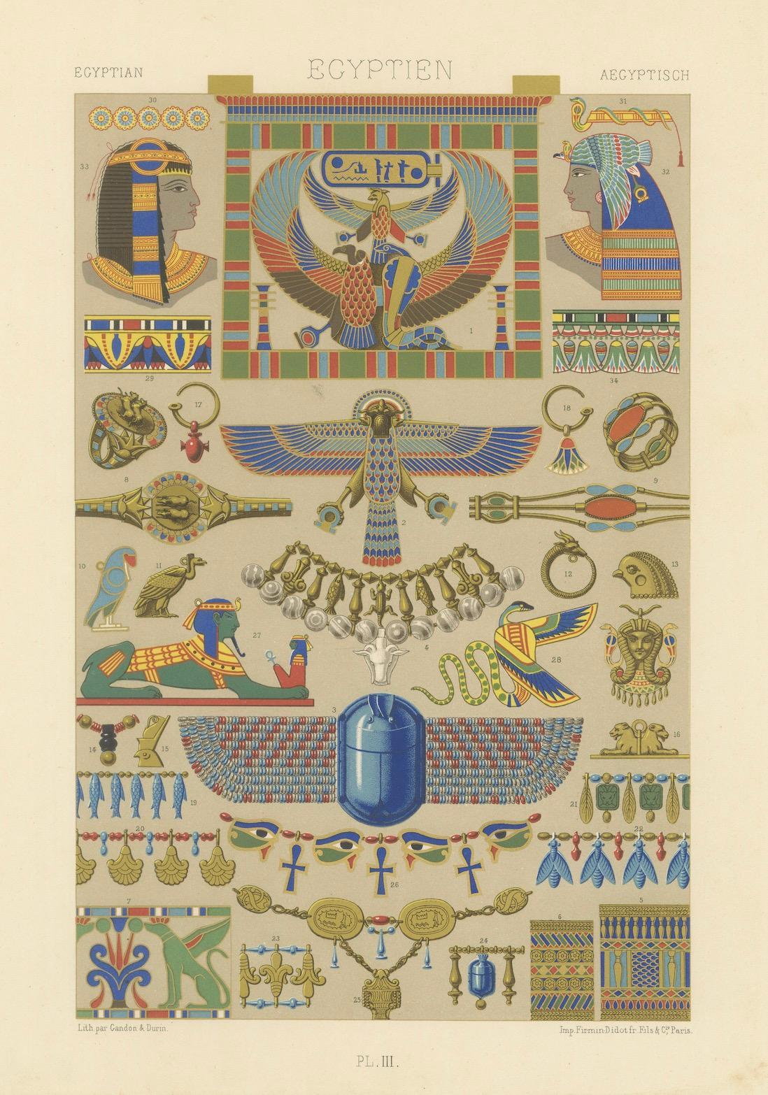 Gravure d'ornement de l'Égypte ancienne - Lithographie en couleurs de symboles et de bijoux, c.1869 en vente 2