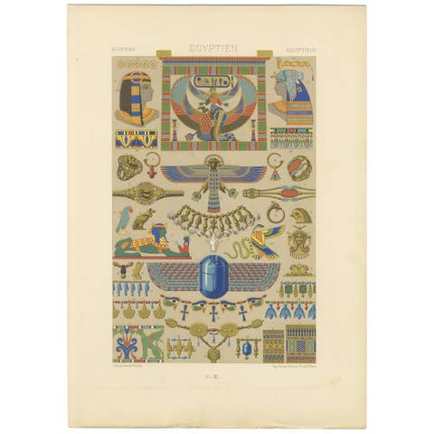 Ancient Egyptian Ornament Print – Color Lithograph of Symbols & Jewelry, c.1869