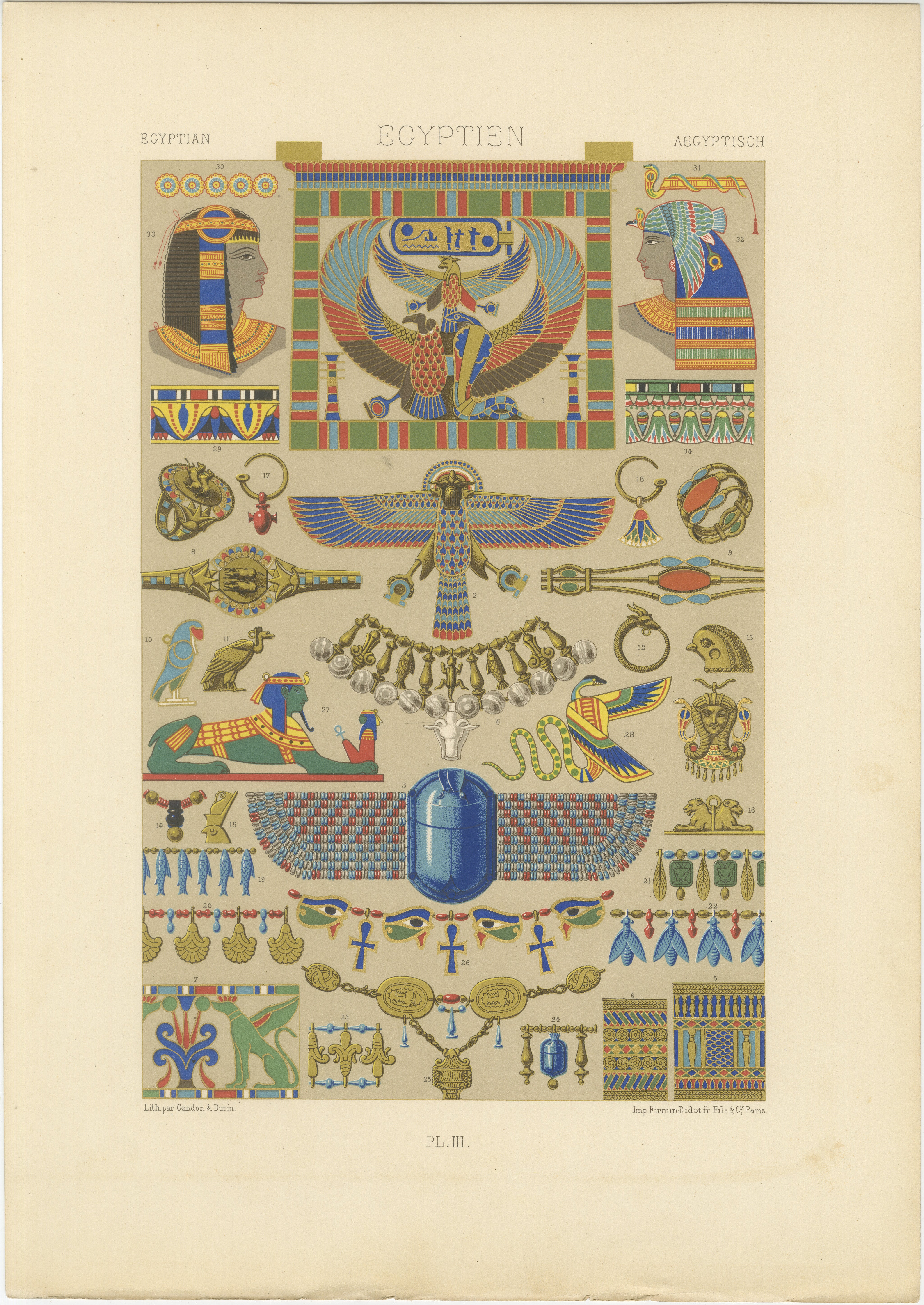 Gravure d'ornement de l'Égypte ancienne - Lithographie en couleurs de symboles et de bijoux, c.1869