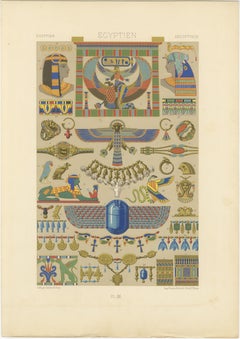 Grabado de ornamentos del Antiguo Egipto - Litografía en color de símbolos y joyas, c.1869