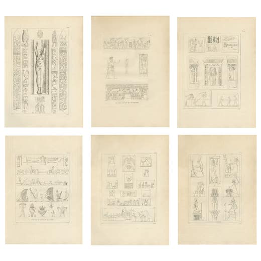 Ancient Egyptian Reliefs & Hieroglyphs, Denon Voyage Egypt, 6 Engravings 1802