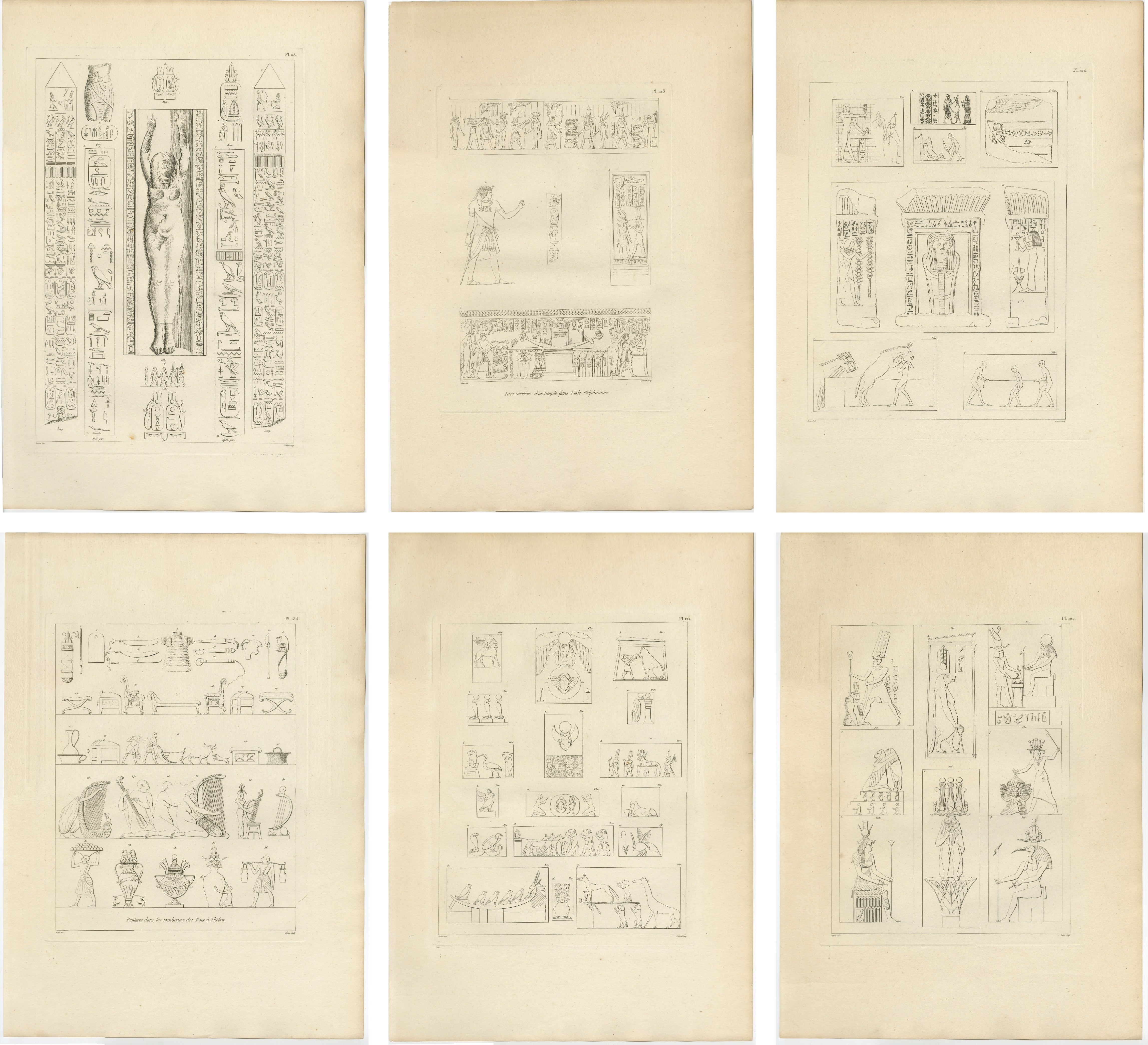Ancient Egyptian Reliefs 
Hieroglyphs, Denon Voyage Egypt, 6 Engravings 1802