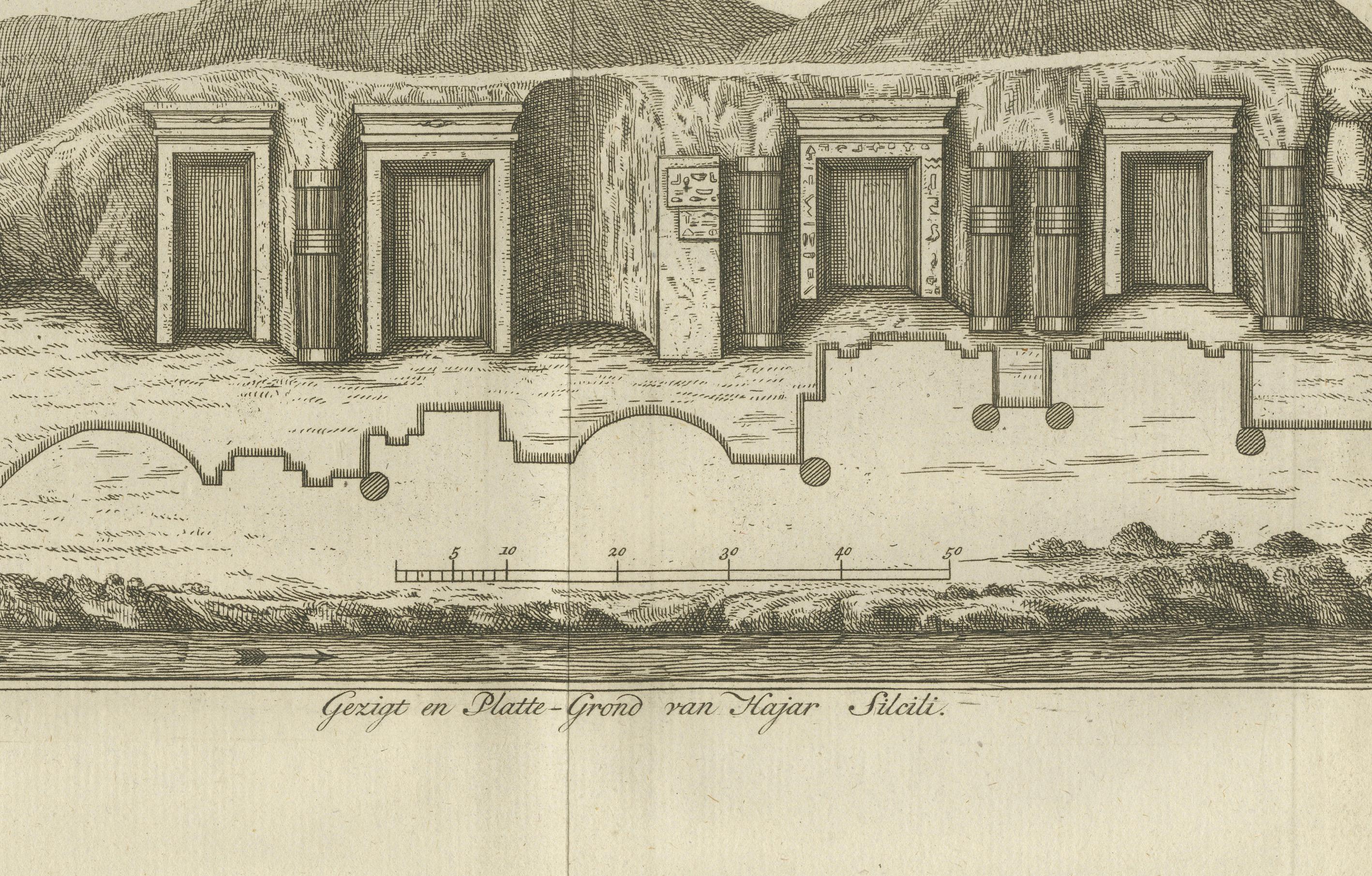 Altägyptische Felsengräber bei Hajar Silsili - 1776 niederländischer Stich von Pococke

Dieser fein ausgeführte Stich aus dem 18. Jahrhundert zeigt eine detaillierte architektonische Ansicht und einen Plan der in den Fels gehauenen Gräber von Hajar