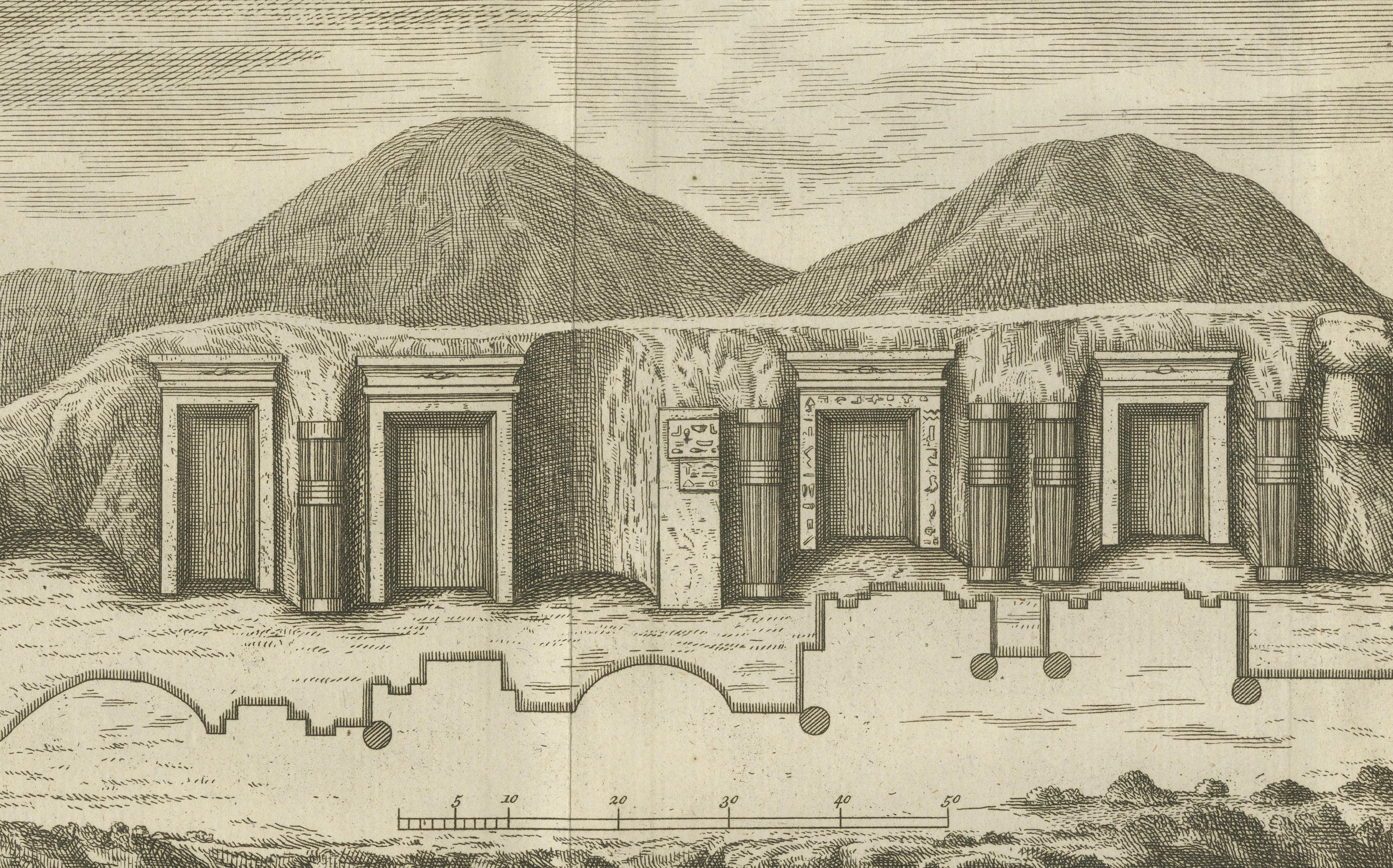 Altägyptische Felsengräber bei Hajar Silsili - 1776 niederländischer Stich von Pococke (Niederländisch) im Angebot